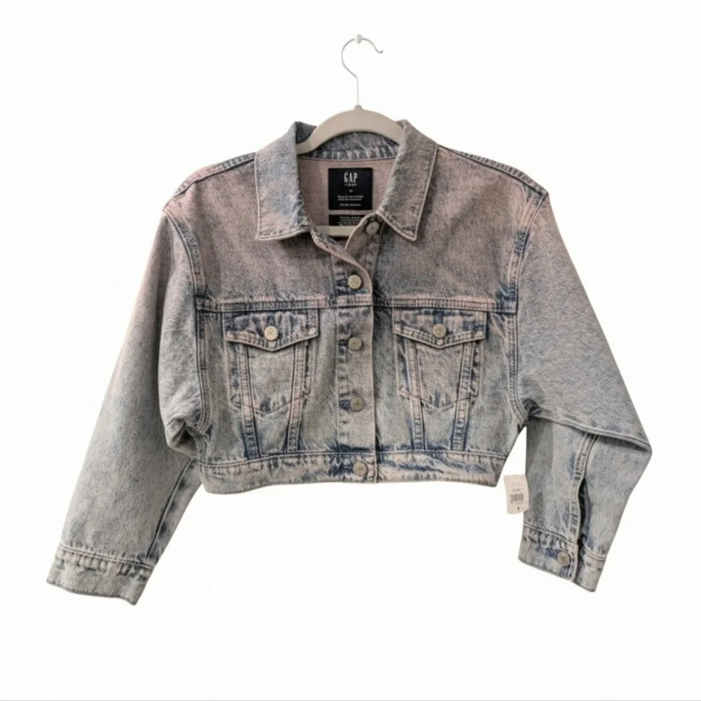 NWT Gap Teen Cropped Denim Jacket | Pink Acid Wash | Size M (8-9)